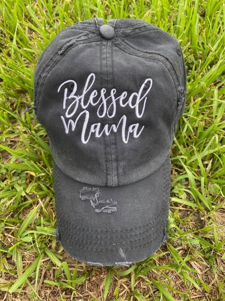 Women's "Blessed Mama" Distressed Ponytail Hat